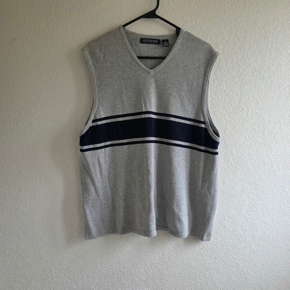 Structure Mens Gray Sweater Vest Size XL Vintage Striped Cotton V-Neck Preppy